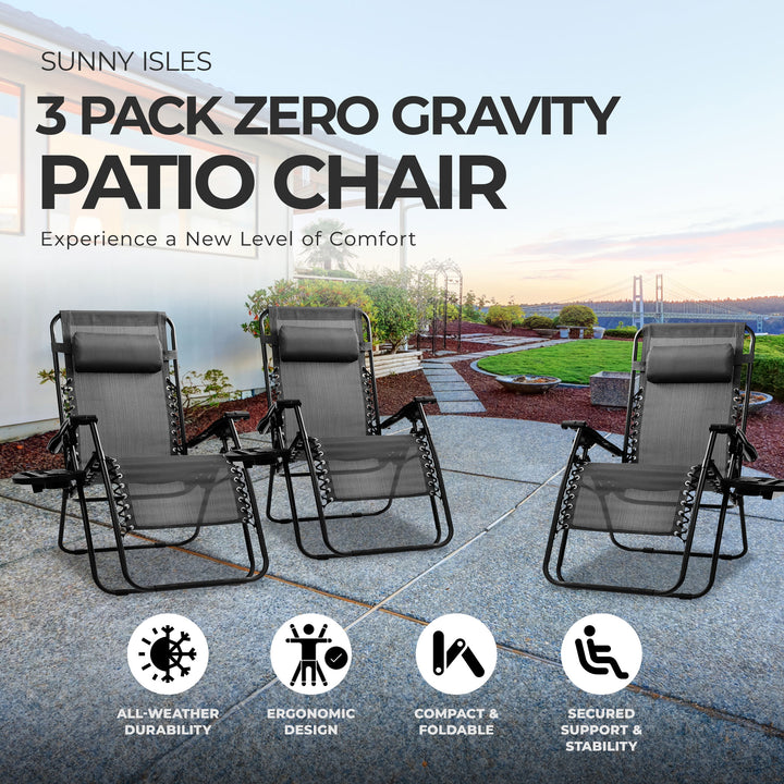 Four Seasons Courtyard Sunny Isles XL Zero Gravity Outdoor Chairs, 3 Pack, Black