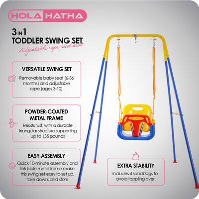 HolaHatha 3 in 1 Toddler Swing w/ adjustable Rope, and Removable Seat (Open Box) - VMInnovations