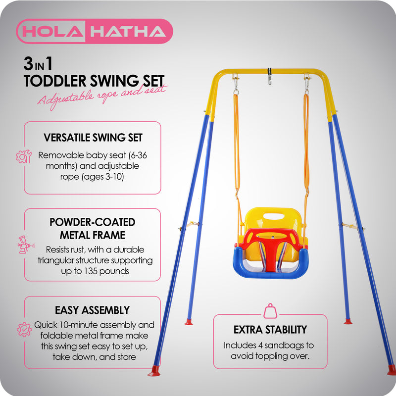 HolaHatha 3 in 1 Toddler Swing Set with adjustable Rope, and Removable Seat