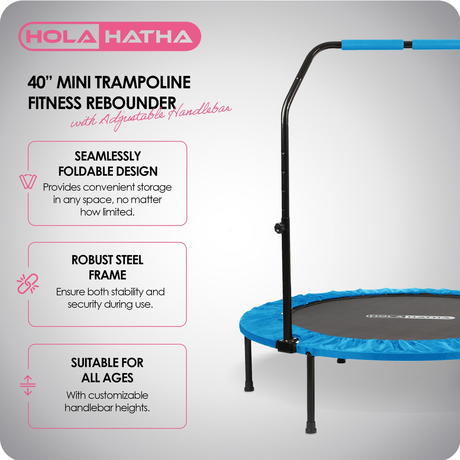 HolaHatha 40" Mini Trampoline Fitness Rebounder with Adjustable Handle, Blue - VMInnovations