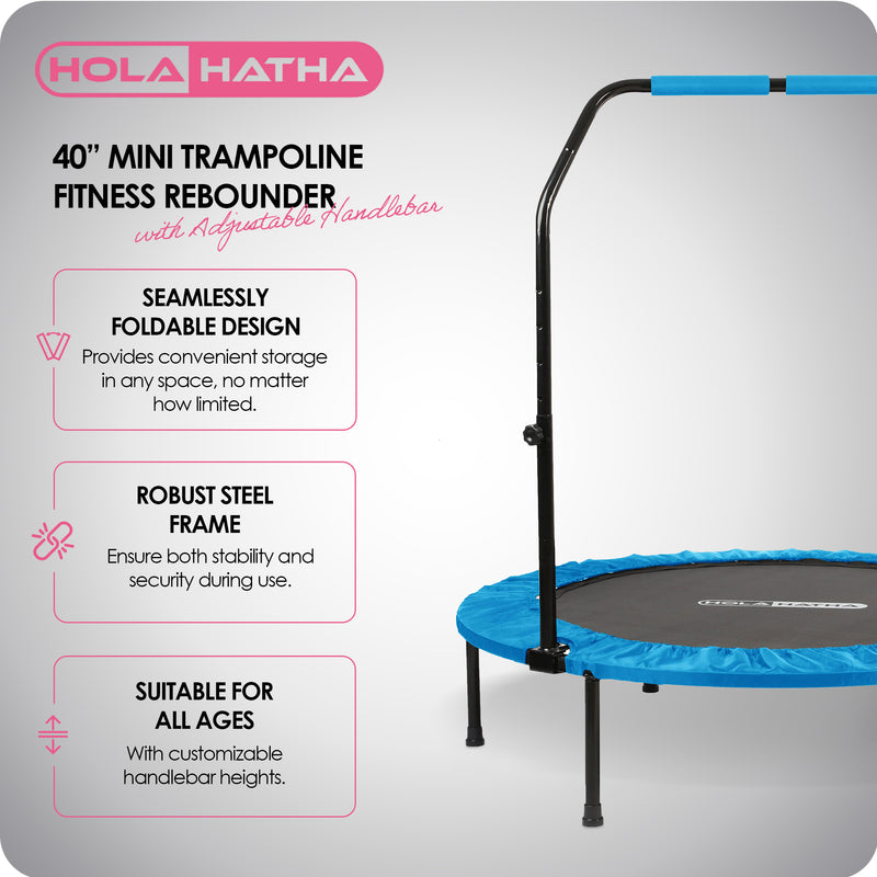 HolaHatha 40" Mini Trampoline Fitness Rebounder with Adjustable Handle, Blue