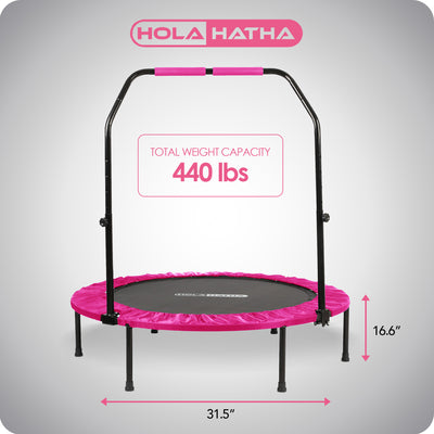 HolaHatha 40" Mini Trampoline Fitness Rebounder with Adjustable Handle, Pink