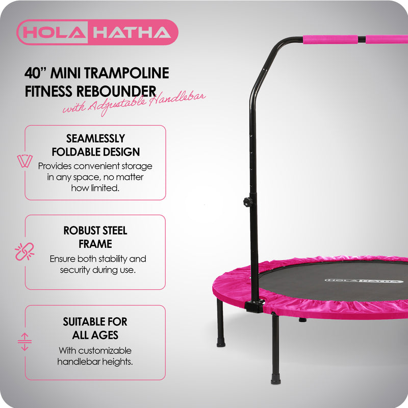 HolaHatha 40" Mini Trampoline Fitness Rebounder with Adjustable Handle, Pink