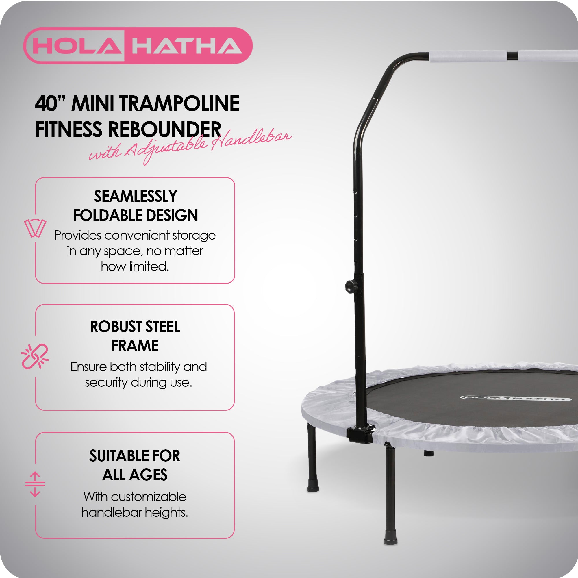 HolaHatha Foldable Fitness Trampoline w/Adjustable Handle, 40", White (Open Box) - VMInnovations