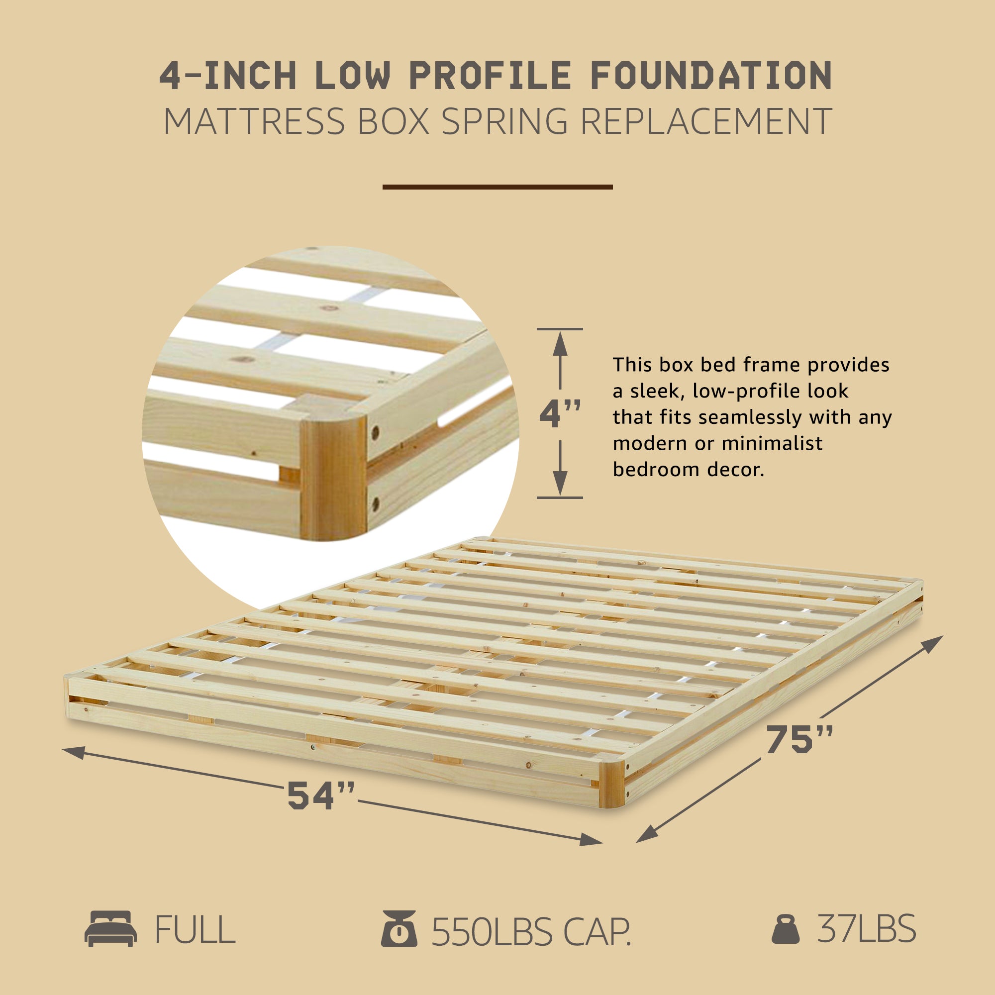 Hercules 4 Inch Low Profile Foundation Mattress Box Spring Replacement, Full - VMInnovations