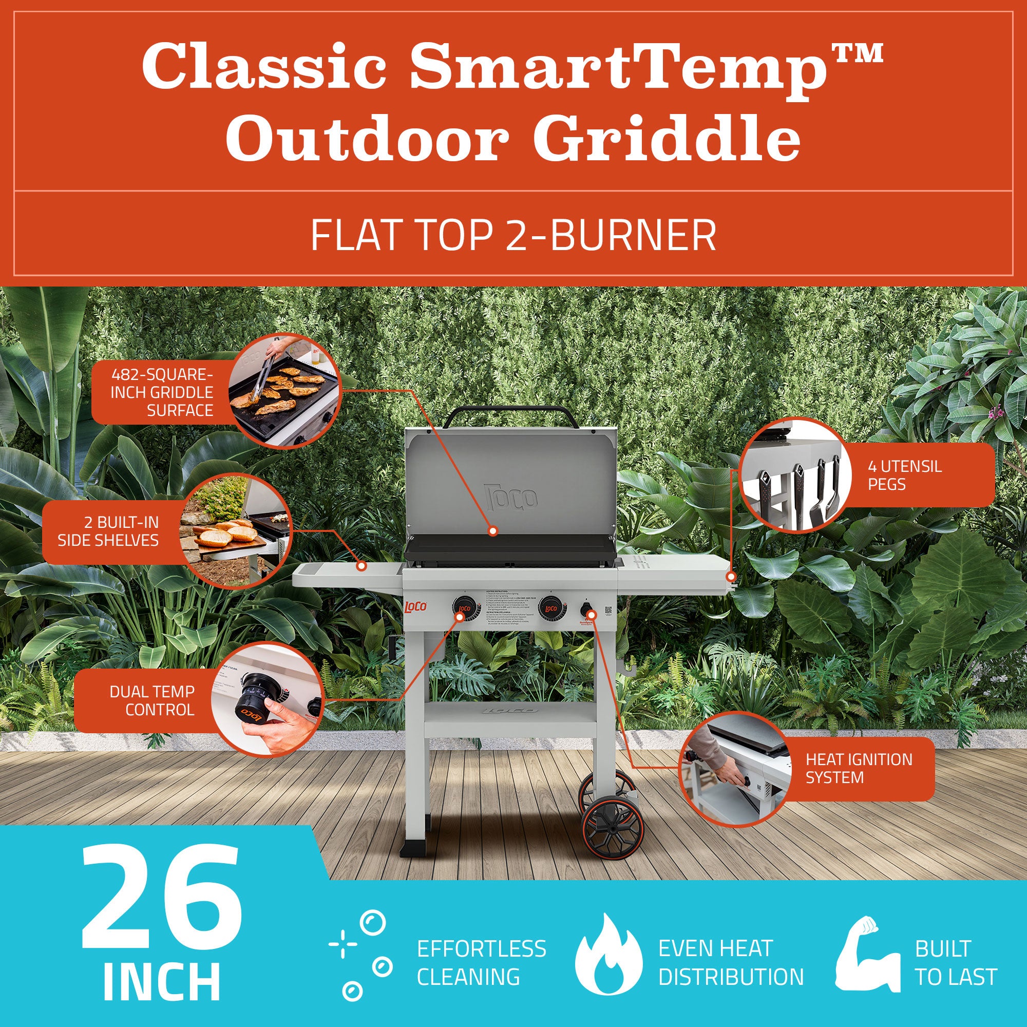 Loco Cookers 26" 2-Burner Classic Gas Grill and 5 Piece Griddle Accessory Kit