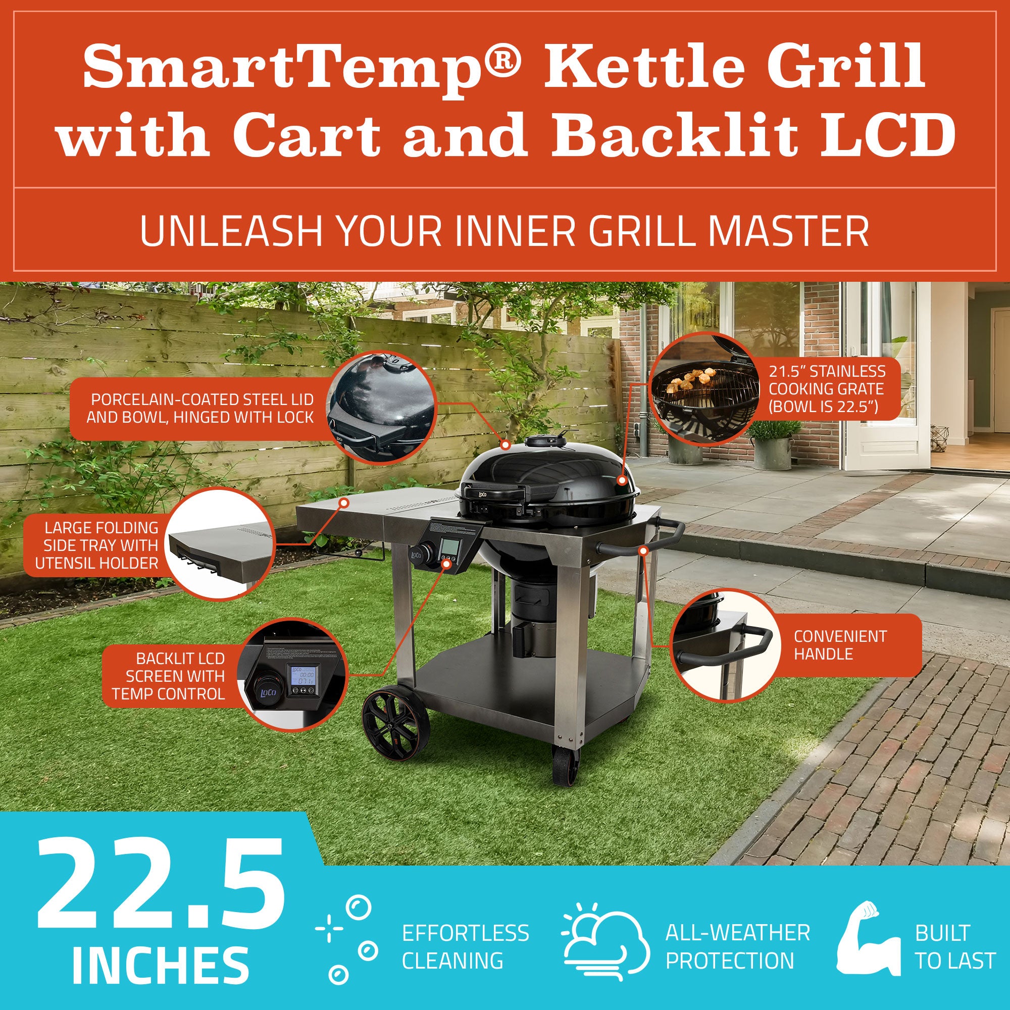 Loco Cookers 22.5 Inch SmartTemp Kettle Grill and 5 Piece Griddle Accessory Kit