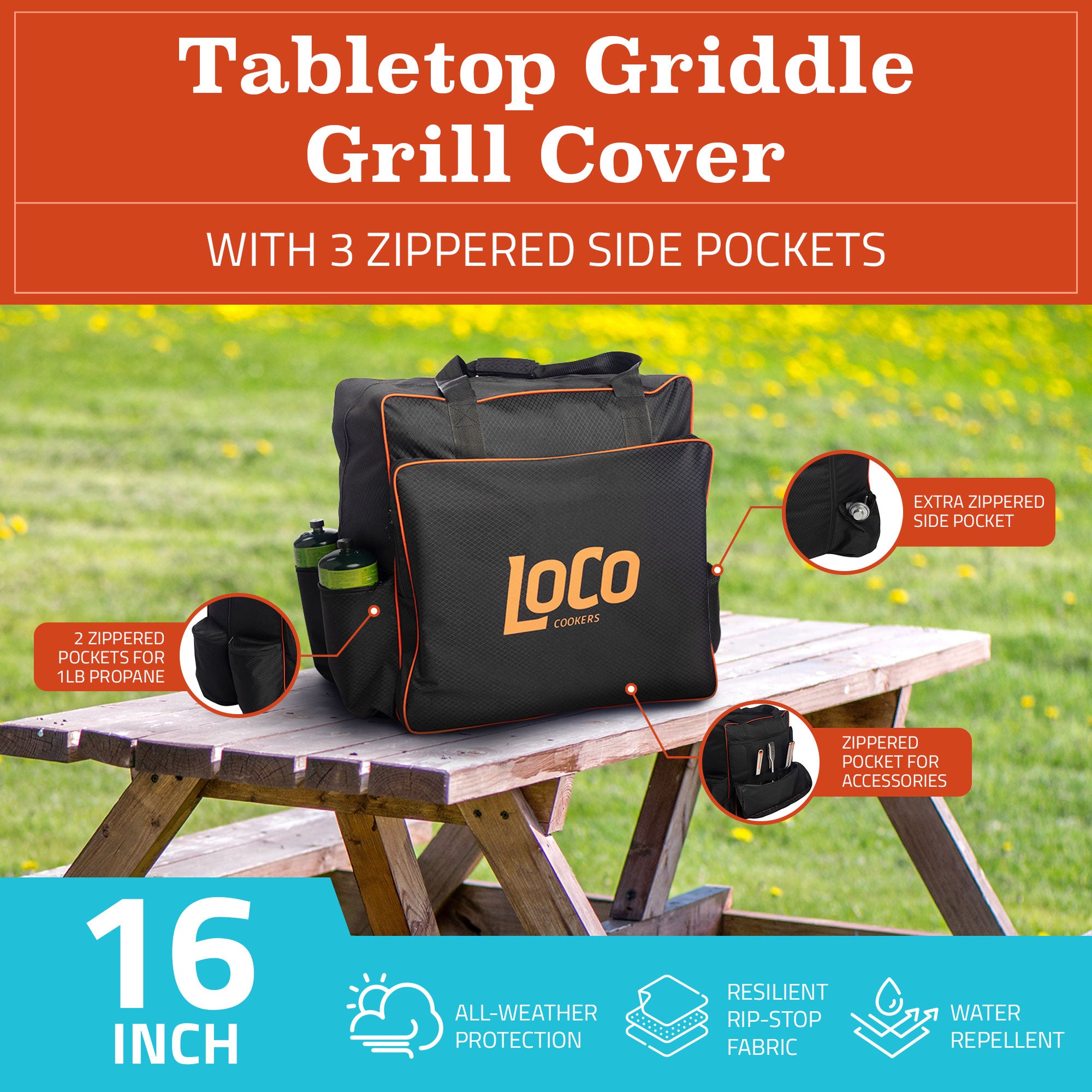Loco Cookers 16" Portable Digital Propane Flat Top & Griddle Cover with Pockets