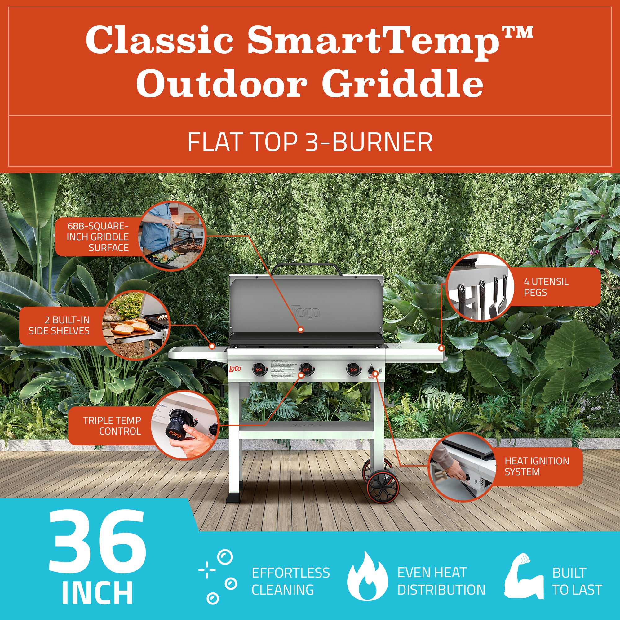 Loco Cookers 36 Inch 3-Burner Classic Gas Grill and Tabletop Foldable Prep Cart - VMInnovations