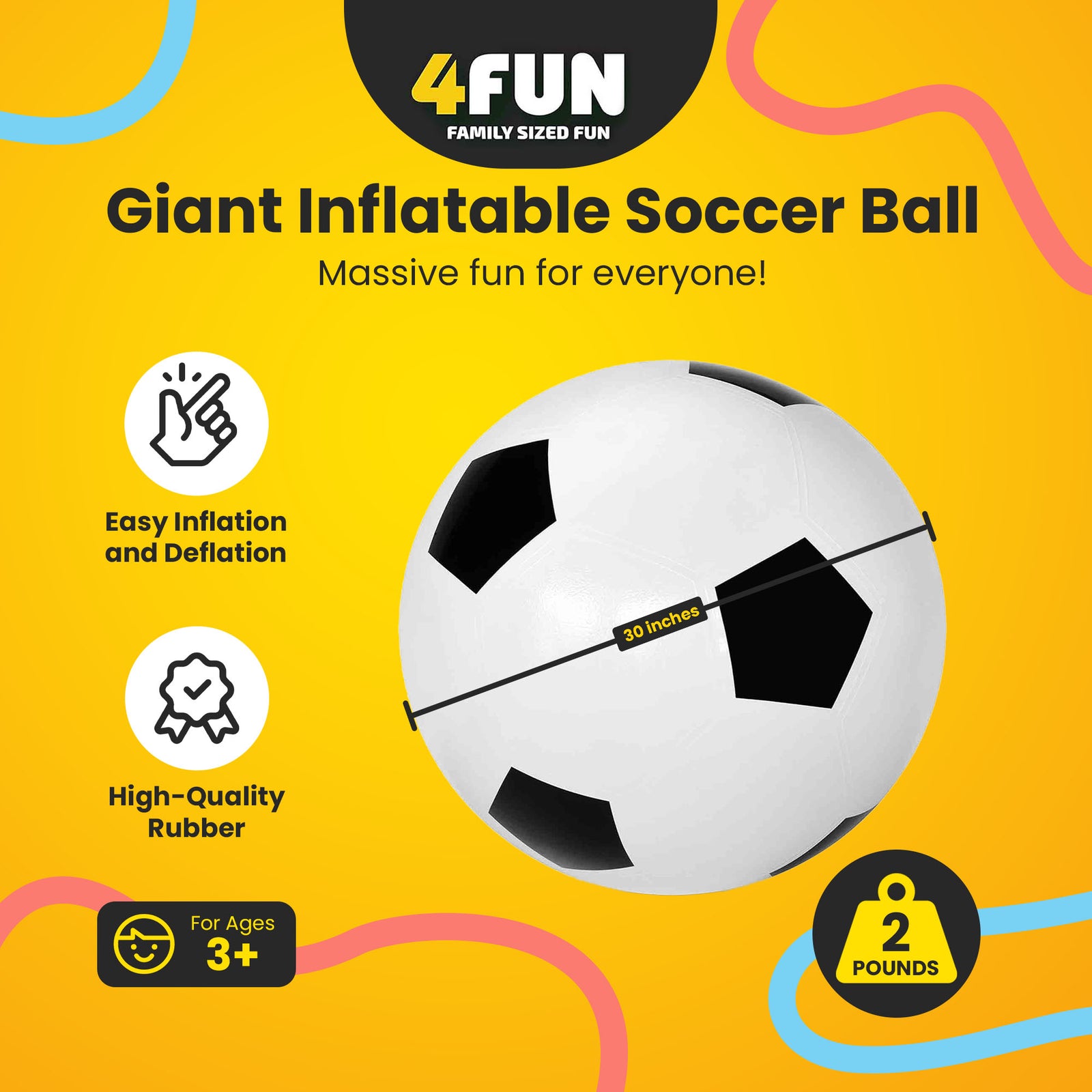 4FUN Giant Inflatable Soccer Ball w/Pump, 30 Inch, Black & White (Open Box) - VMInnovations