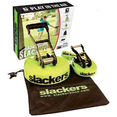 Slackers Easy Setup Slackline Set w/Bonus Teaching Line, 50 Ft, Green (Open Box)