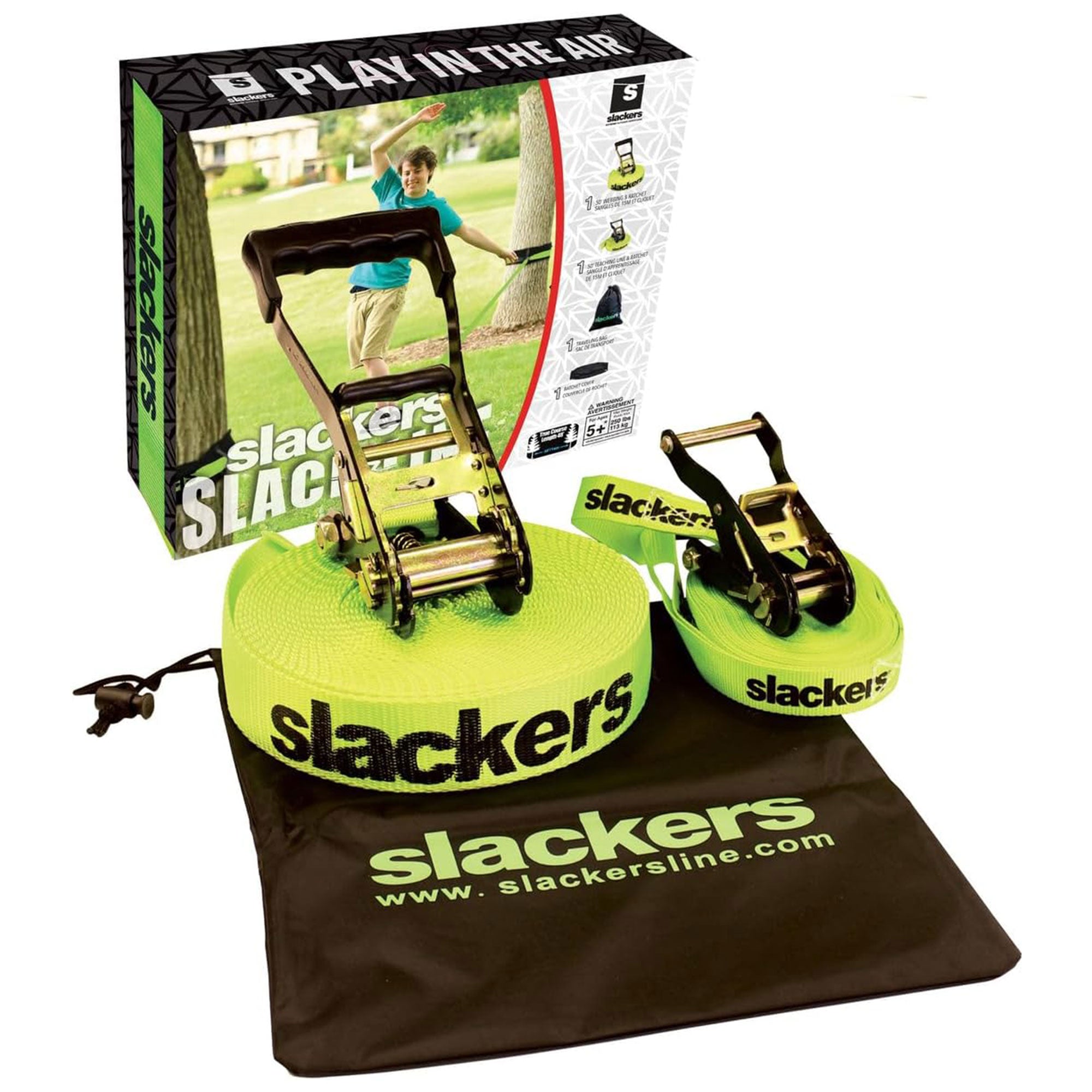 Slackers Easy Setup Slackline Classic Set with Bonus Teaching Line, 50 Ft, Green