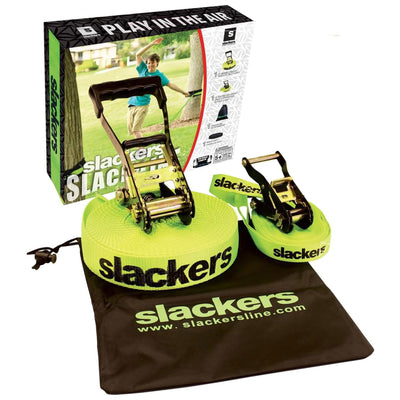 Slackers Easy Setup Slackline Classic Set with Bonus Teaching Line, 50 Ft, Green
