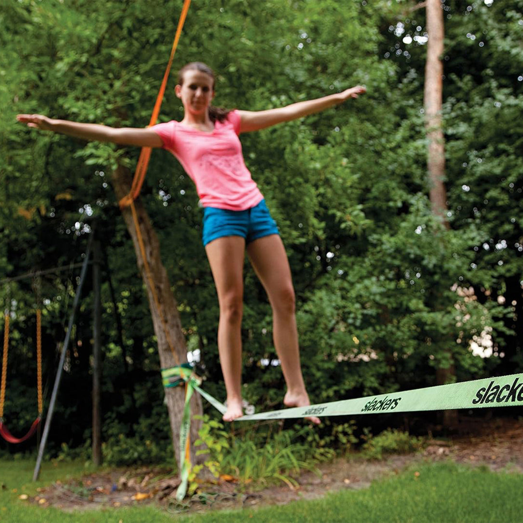 Slackers Easy Setup Slackline Set w/Bonus Teaching Line, 50 Ft, Green (Open Box)