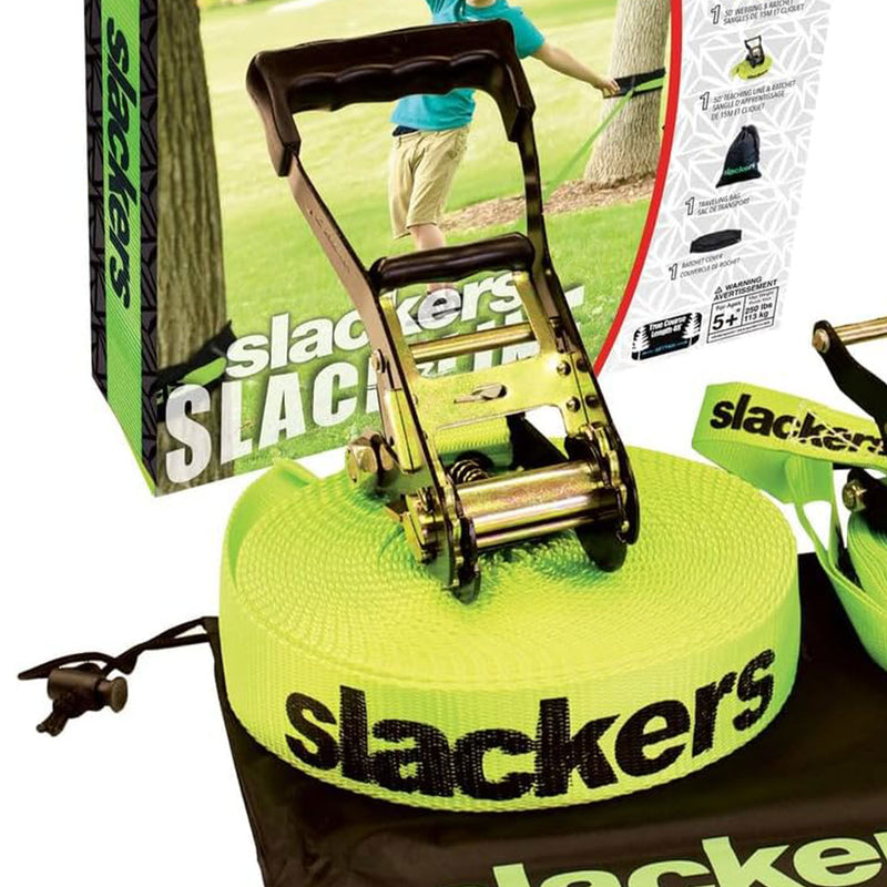 Slackers Easy Setup Slackline Set w/Bonus Teaching Line, 50 Ft, Green (Open Box)