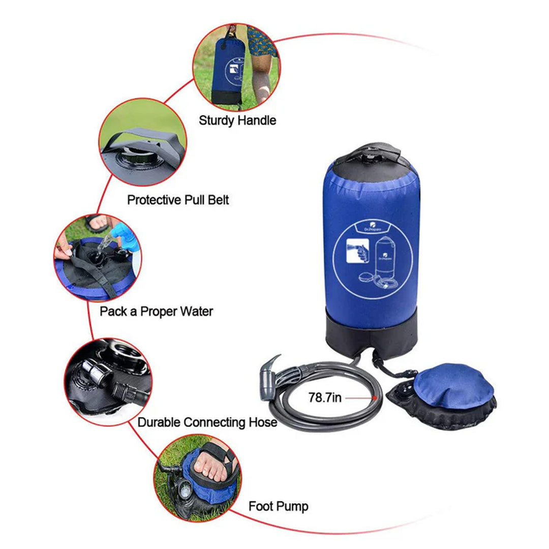 Dr. Prepare Portable Camping Shower w/Foot Pump & Press-Type Nozzle, 4 Gal, Blue - VMInnovations
