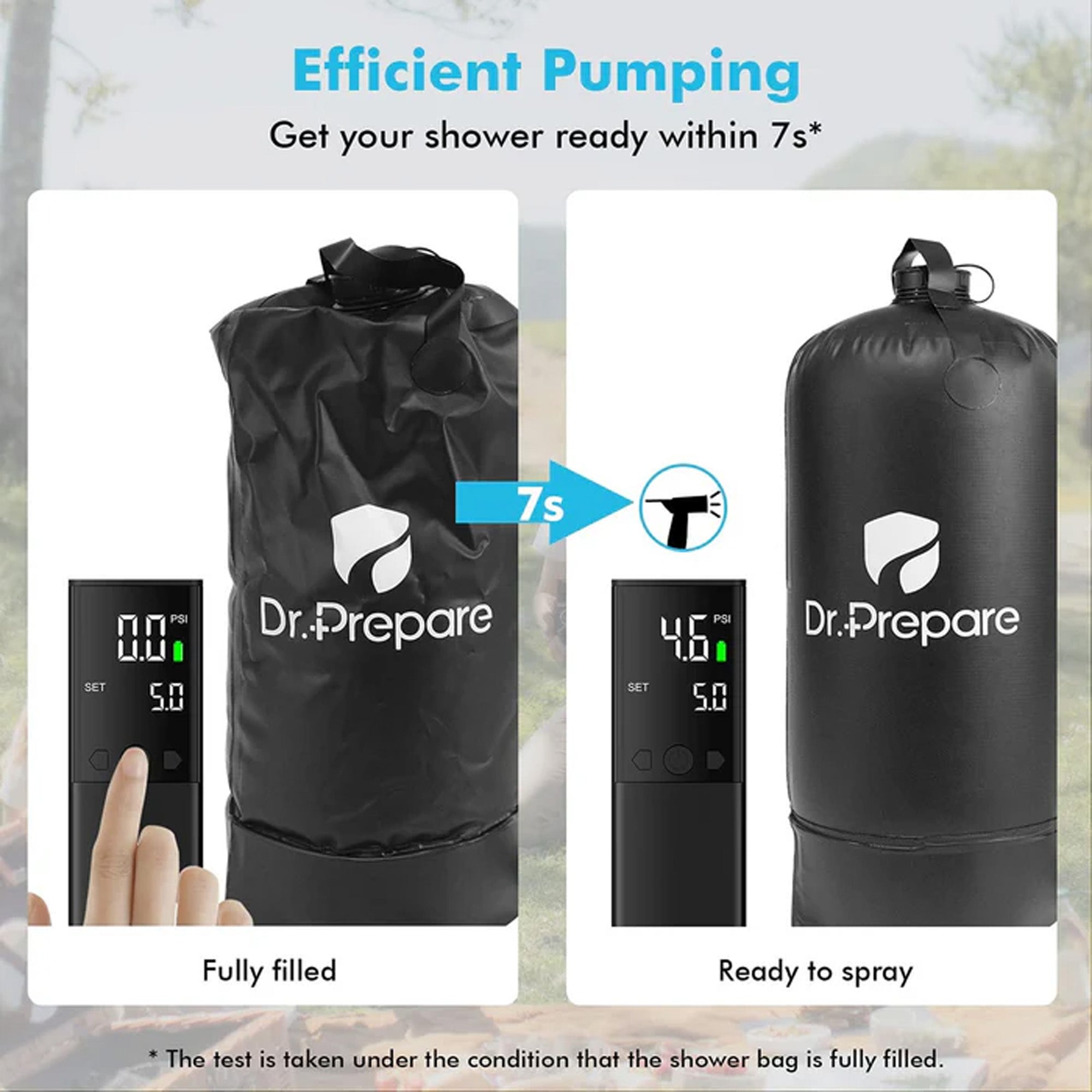 Dr. Prepare Portable Camping Shower with Air Pump & Press-Type Nozzle, 4 Gal, Black - VMInnovations