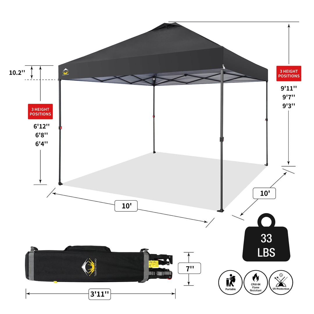 Crown Shades 10 x 10ft Instant Canopy Tent, Portable Outdoor Shelter,Black(Used)