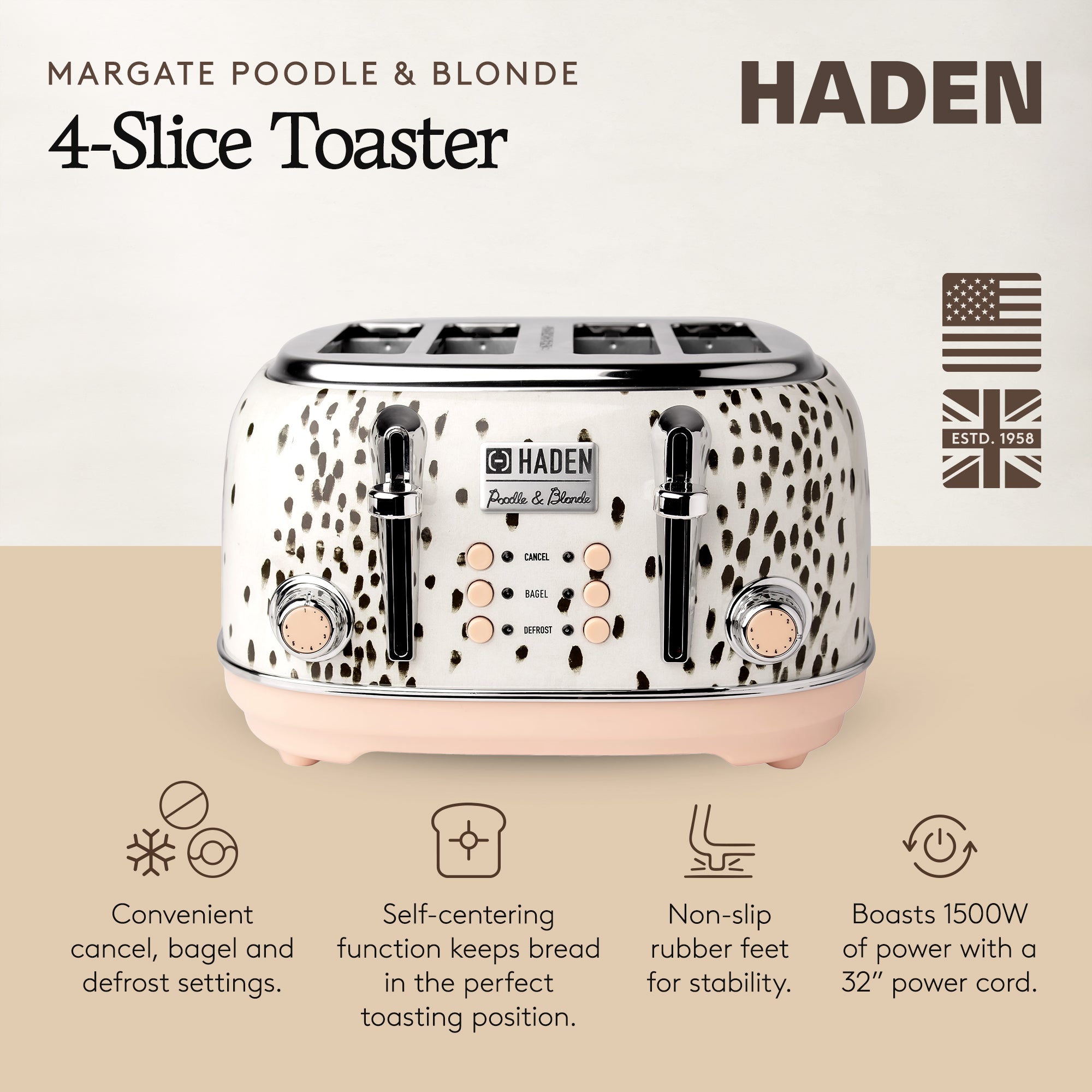 Haden Margate Poodle & Blonde Stainless Steel 4 Slice Toaster w/Wide Slots(Used)