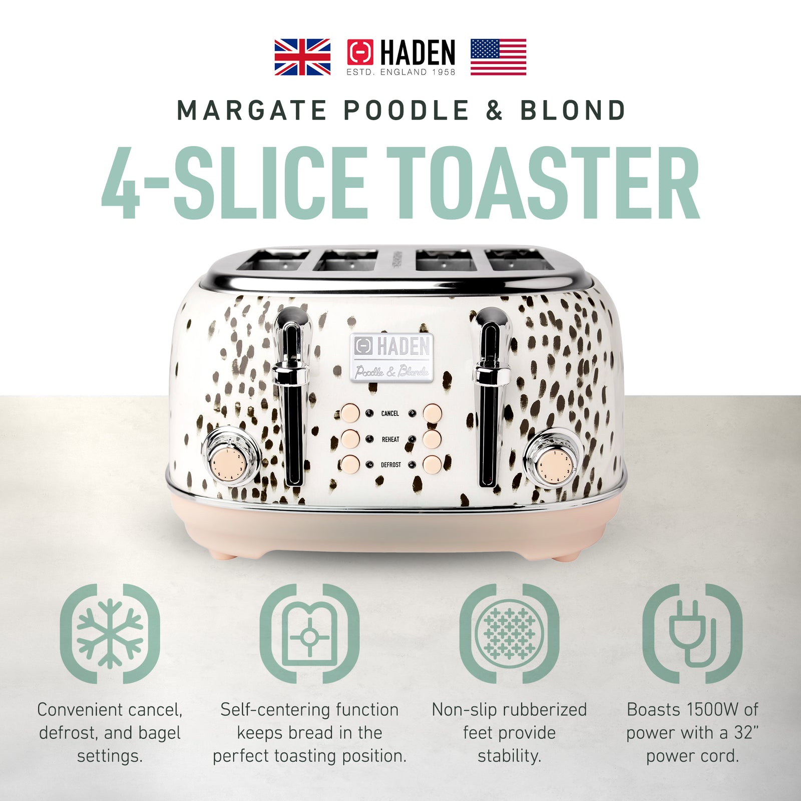 Haden Margate Poodle & Blonde Stainless Steel 4 Slice Toaster w/Wide Slots(Used) - VMInnovations