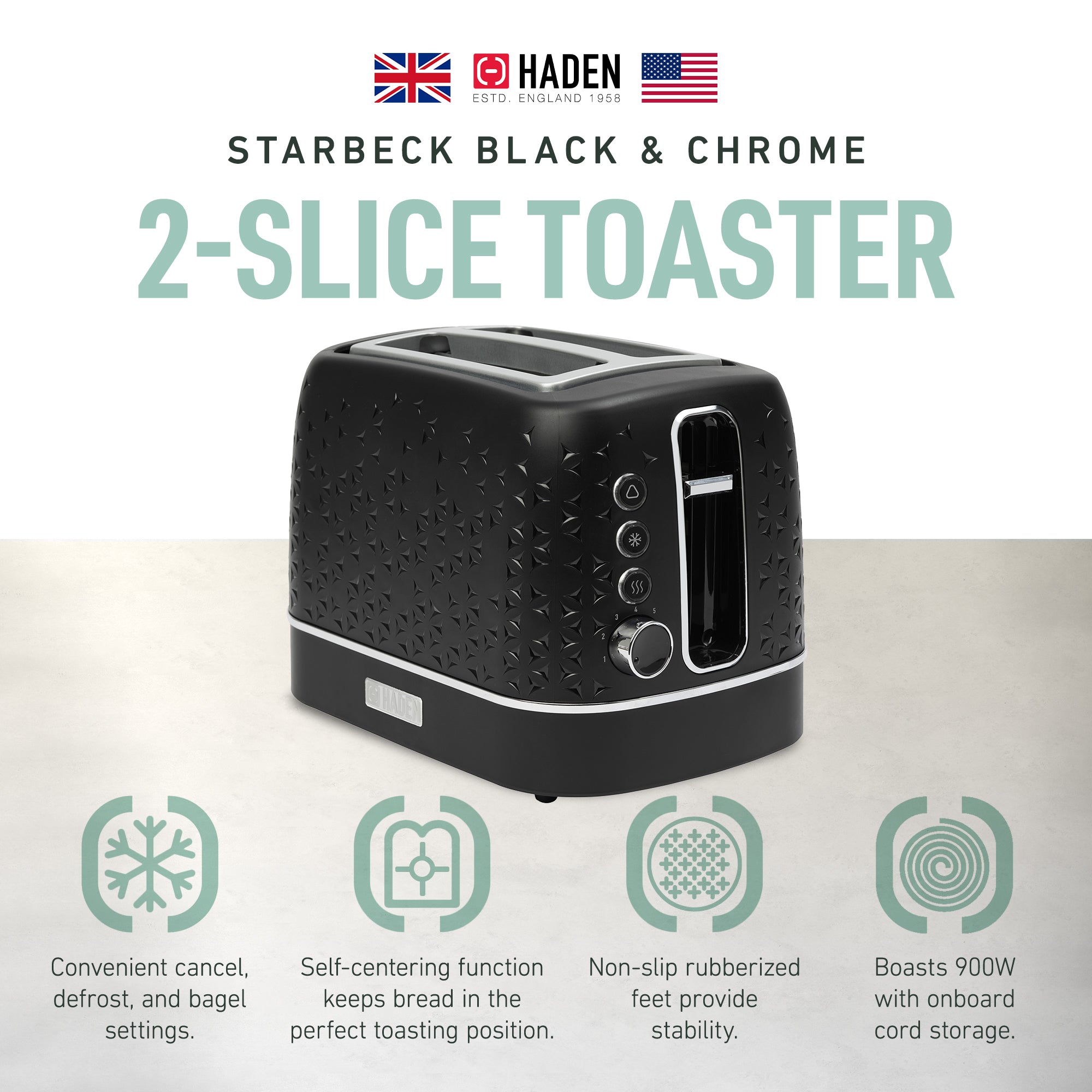 Haden Starbeck 2 Slice Toaster Wide Slot with Crumb Tray, Black/Chrome(Open Box)
