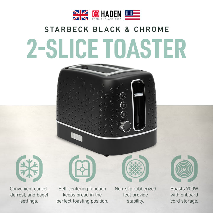 Haden Starbeck 2 Slice Toaster Wide Slot with Crumb Tray, Black/Chrome(Open Box)