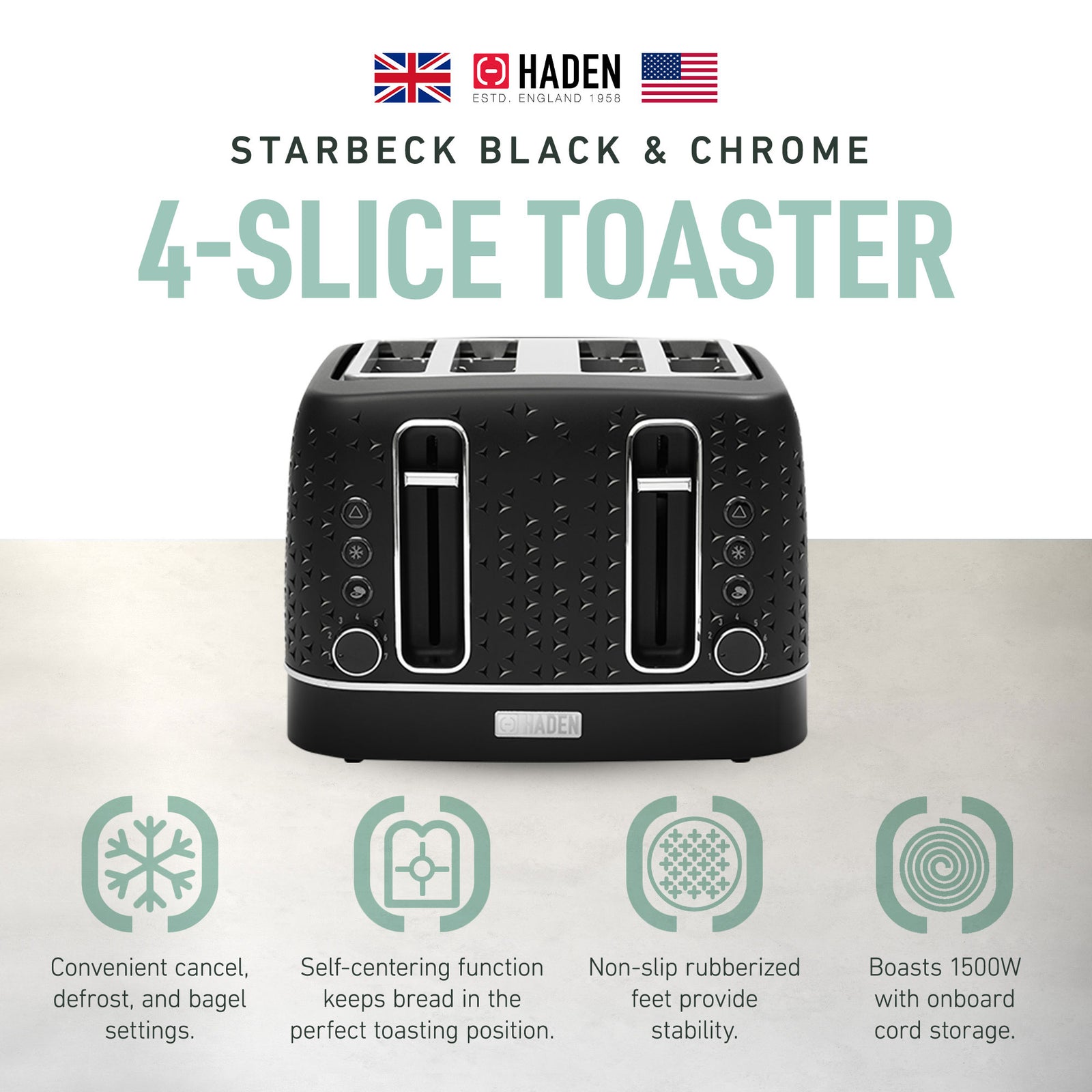 Haden 4 Slice Wide Slot Stainless Steel Toaster, Black & Chrome (Open Box) - VMInnovations