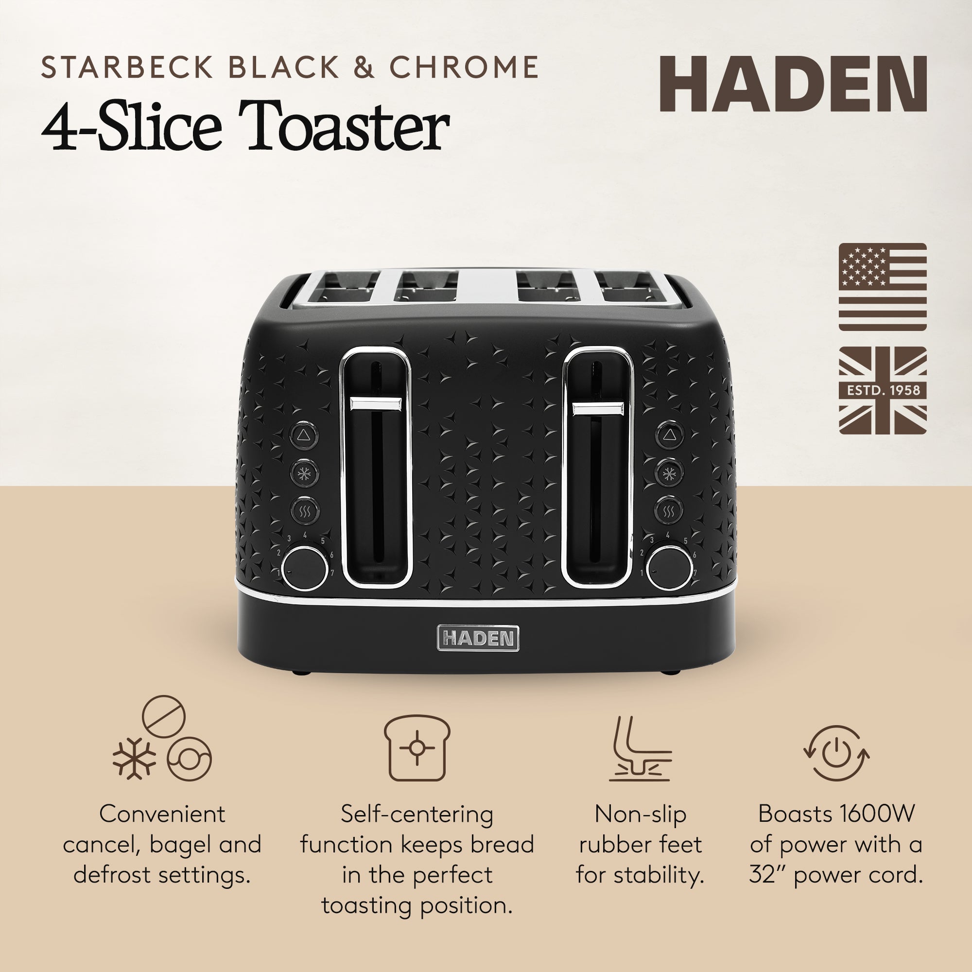 Haden Starbeck 4 Slice Wide Slot Stainless Steel Toaster, Black & Chrome