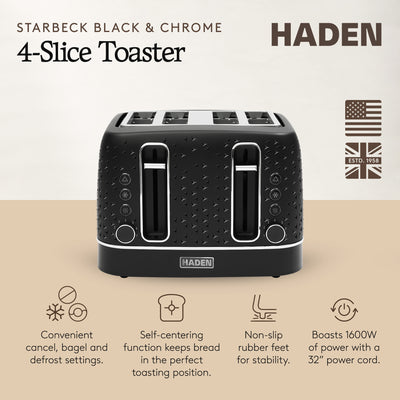 Haden Starbeck 4 Slice Wide Slot Stainless Steel Toaster, Black & Chrome