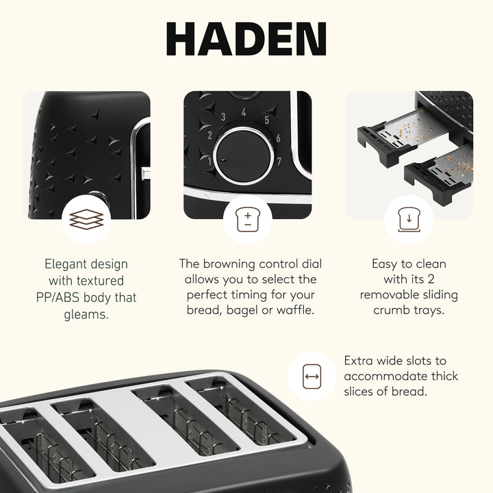 Haden 4 Slice Wide Slot Stainless Steel Toaster, Black & Chrome (Open Box)
