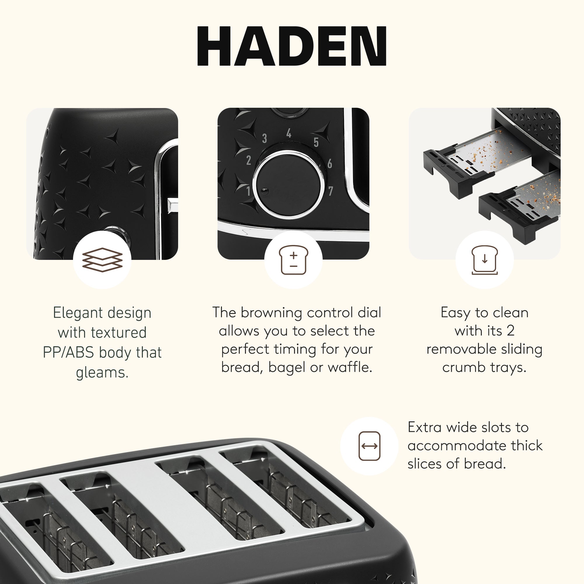 Haden Starbeck 4 Slice Wide Slot Stainless Steel Toaster, Black & Chrome