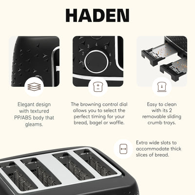 Haden Starbeck 4 Slice Wide Slot Stainless Steel Toaster, Black & Chrome