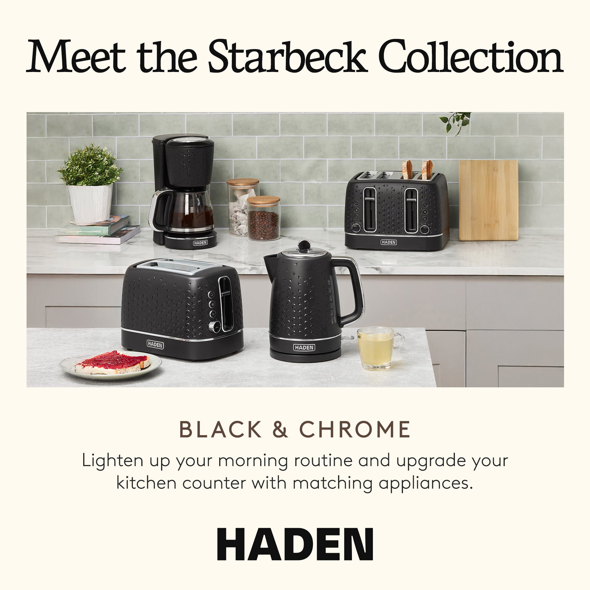 Haden Starbeck 4 Slice Wide Slot Stainless Steel Toaster, Black & Chrome
