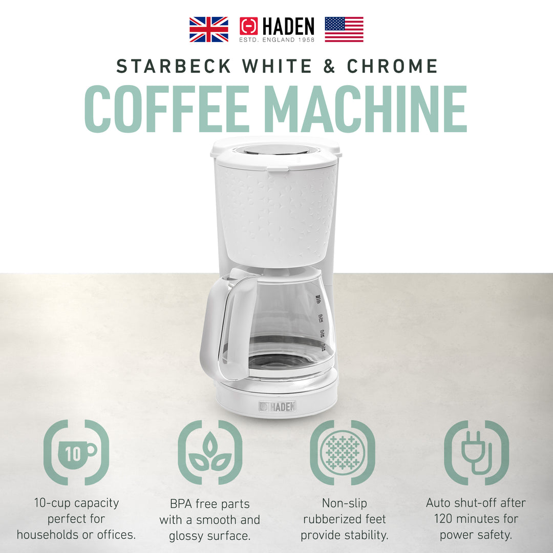 Haden Starbeck Sleek 10 Cup Drip Coffee Maker w/ Glass Carafe, 1.5L Tank, White