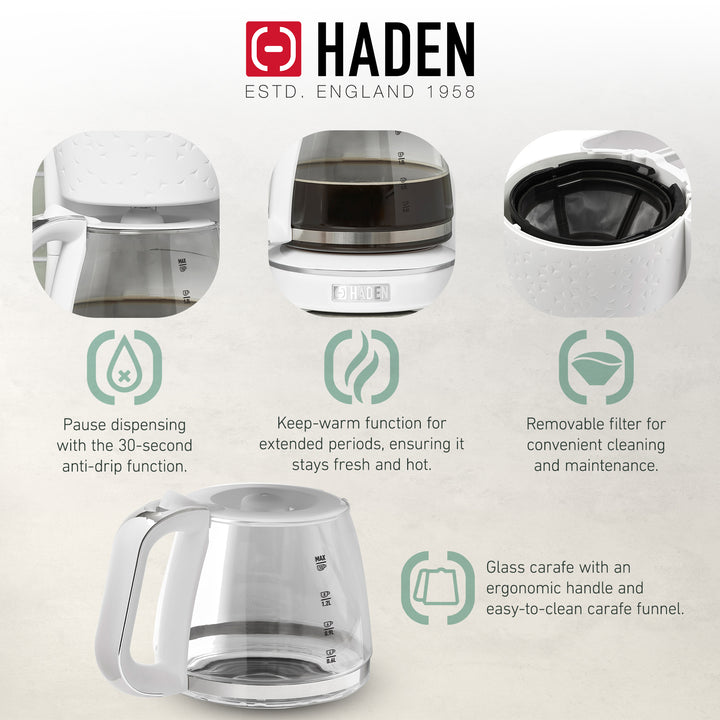 Haden Starbeck Sleek 10 Cup Drip Coffee Maker w/ Glass Carafe, 1.5L Tank, White