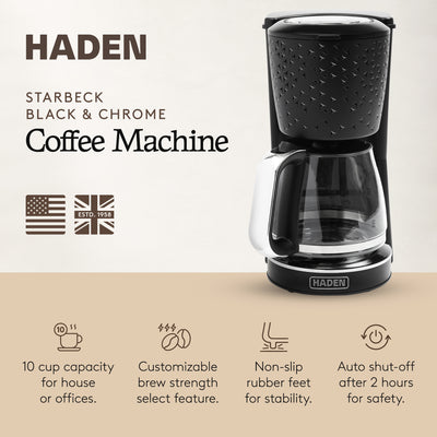 Haden Starbeck Coffee Machine, 10 Cup Automatic Coffee Maker, Black & Chrome - VMInnovations