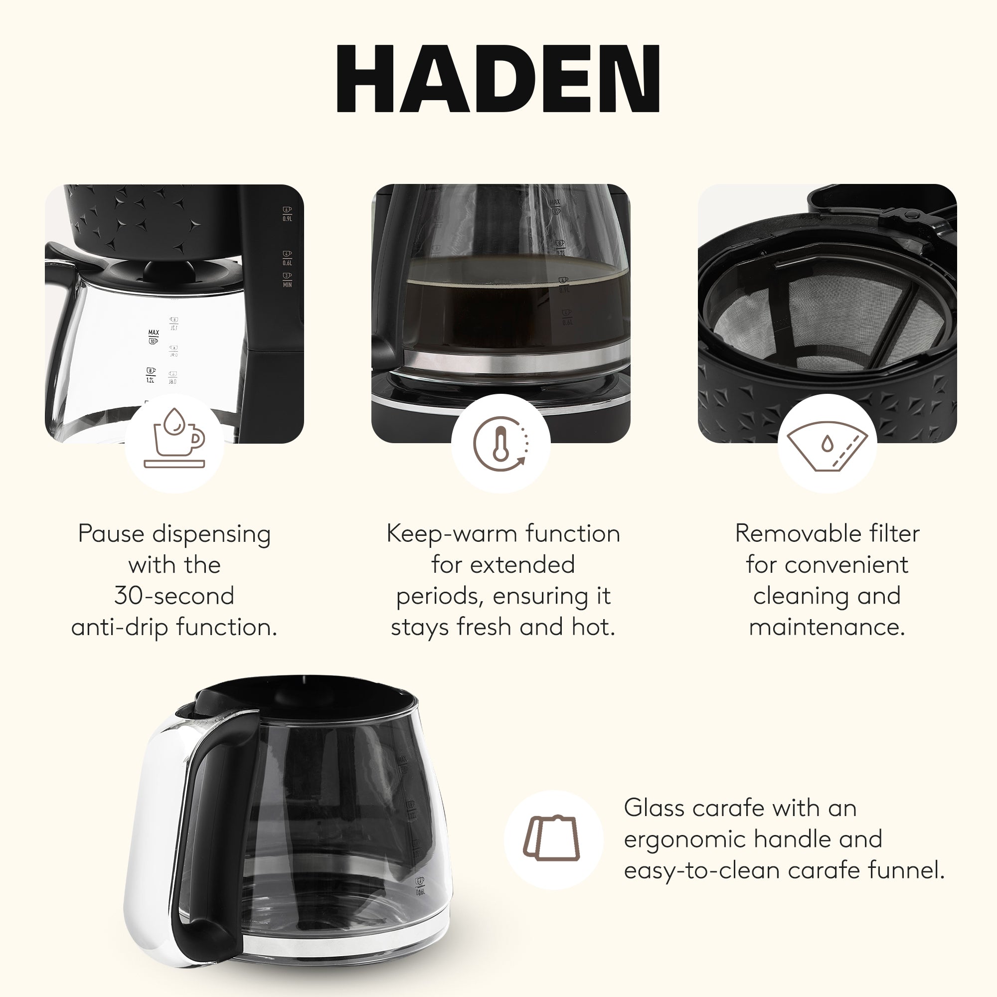 Haden Starbeck Coffee Machine, 10 Cup Automatic Coffee Maker, Black & Chrome - VMInnovations