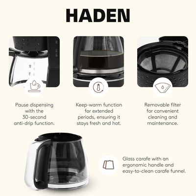 Haden Starbeck Coffee Machine, 10 Cup Automatic Coffee Maker, Black & Chrome - VMInnovations