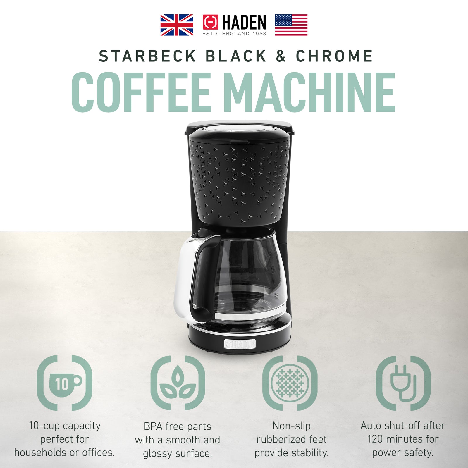 Haden Starbeck Coffee Machine, 10 Cup Auto Coffee Maker, Black & Chrome (Used) - VMInnovations