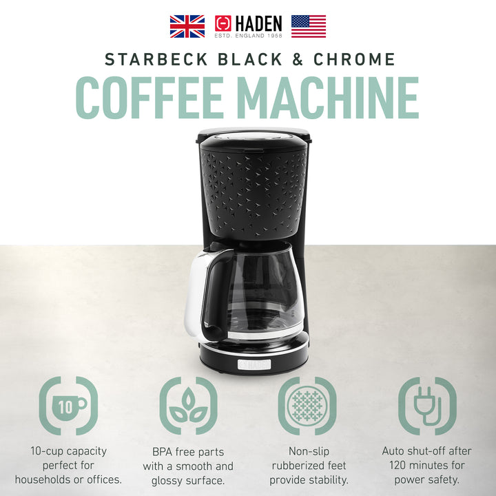 Haden Starbeck Coffee Machine, 10 Cup Automatic Coffee Maker, Black & Chrome