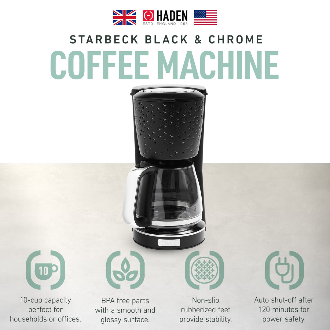 Haden Starbeck Coffee Machine, 10 Cup Auto Coffee Maker, Black & Chrome (Used)