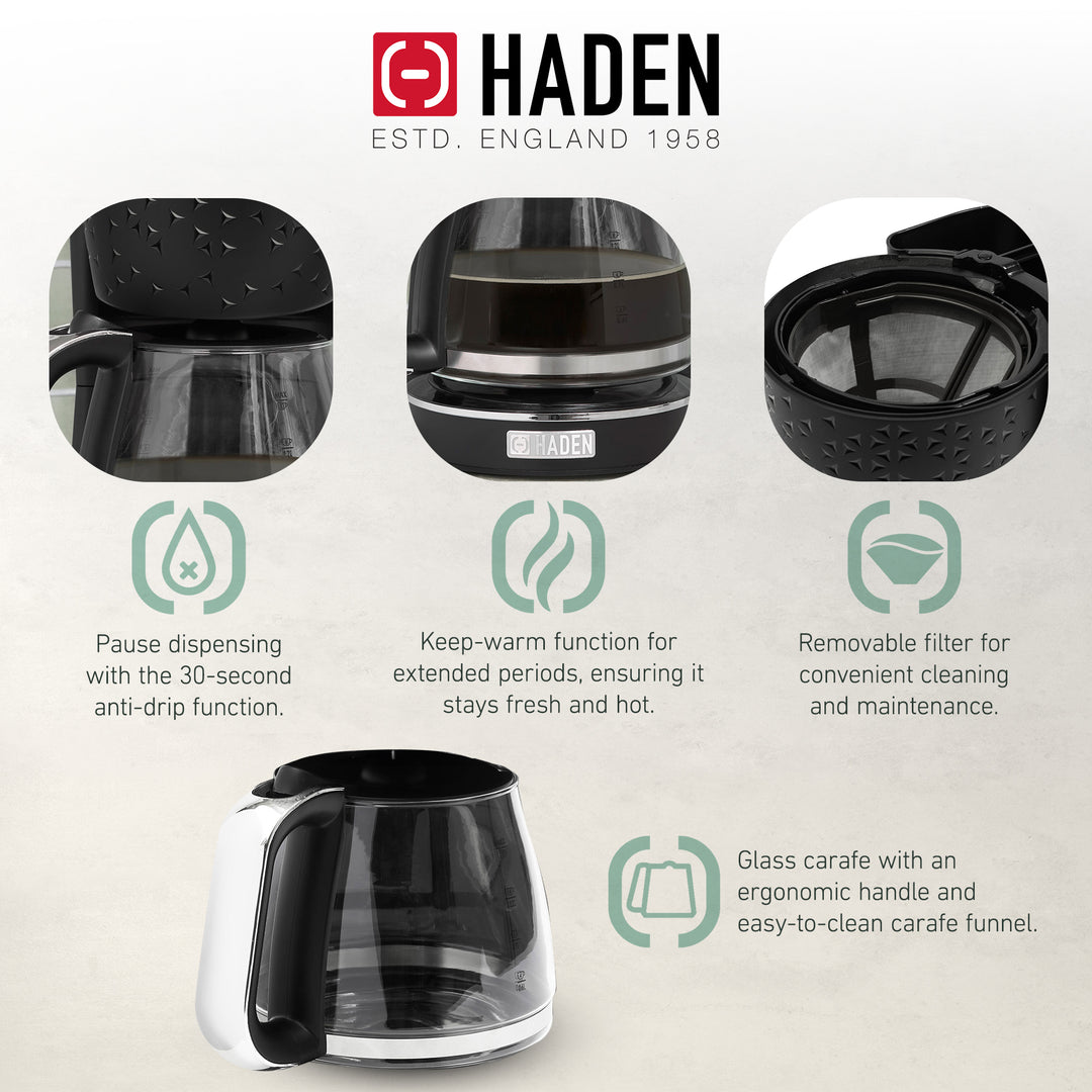 Haden Starbeck Coffee Machine, 10 Cup Auto Coffee Maker, Black & Chrome (Used)