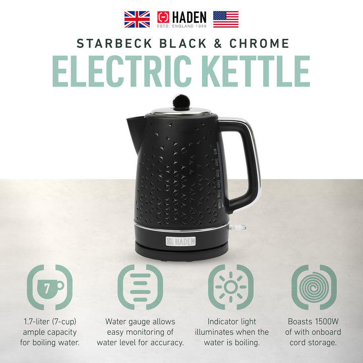 Haden Starbeck 1.7 Liter Stainless Steel Electric Water Kettle, Black & Chrome