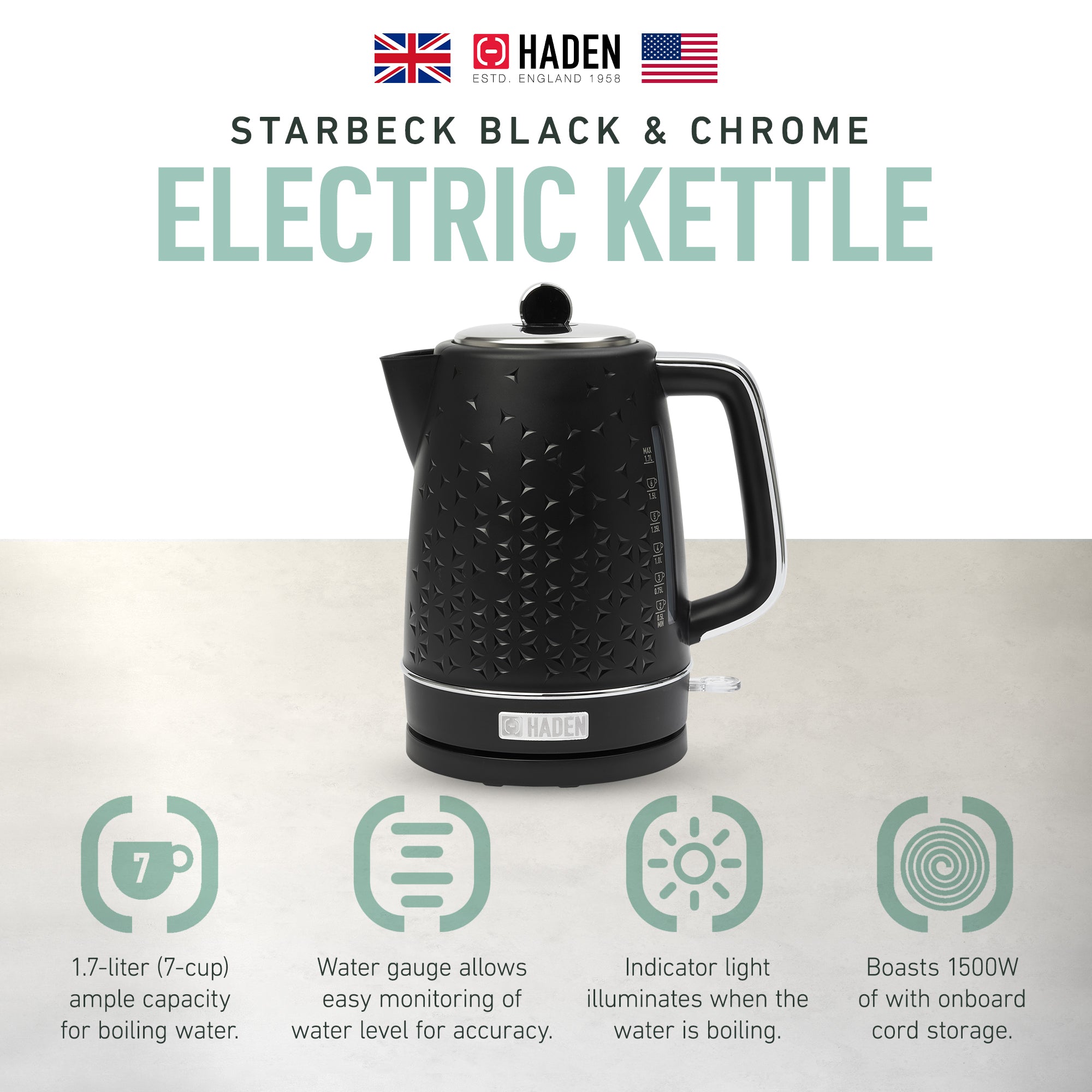 Haden 1.7 Liter Stainless Steel Electric Water Kettle, Black & Chrome (Open Box) - VMInnovations