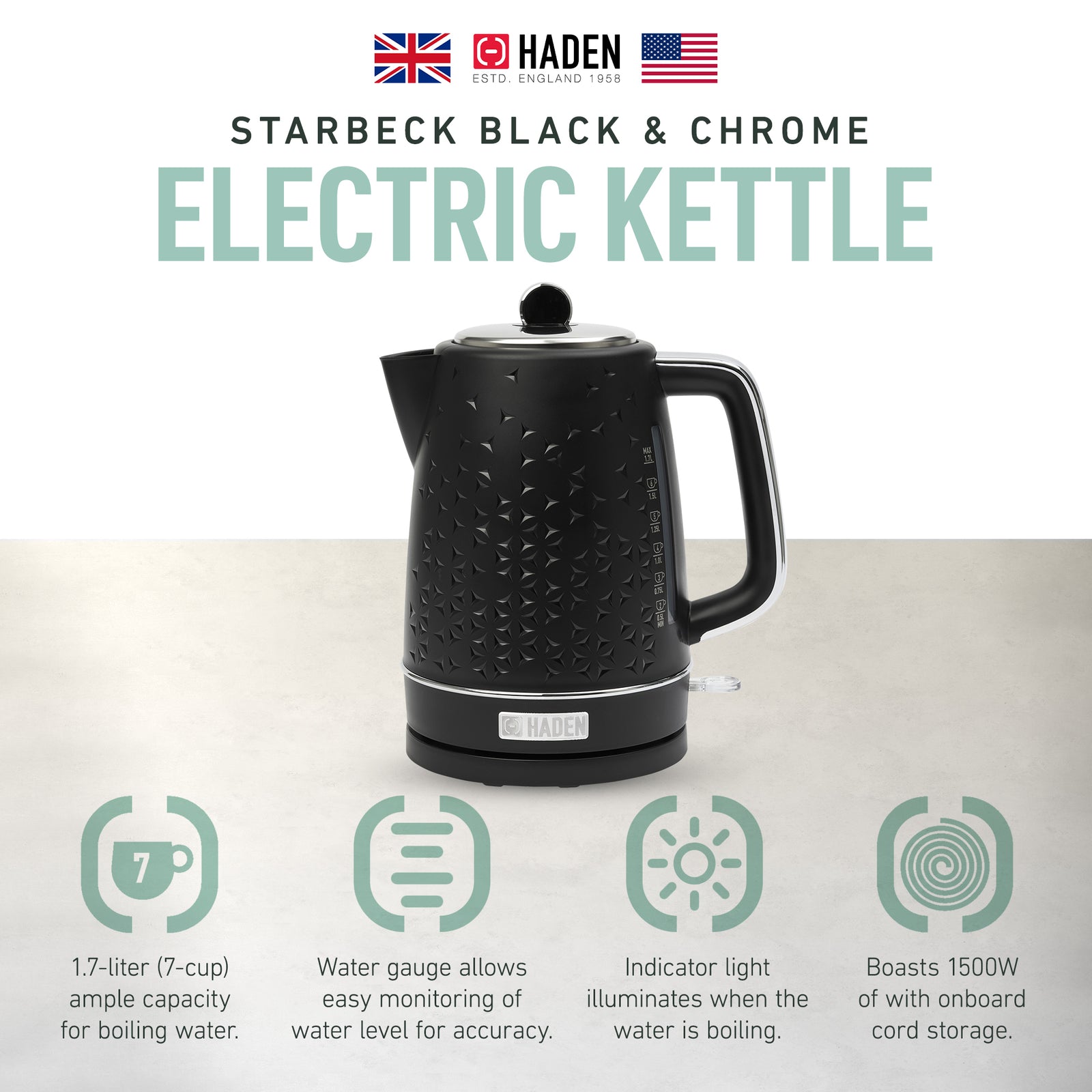 Haden Electric Kettle Textured w/Auto Shut Off & Light Indicator, Black (Used) - VMInnovations