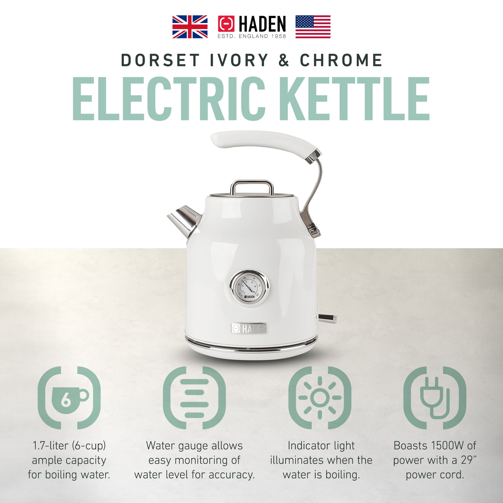 Haden Dorset 1.7 Liter Electric Water Kettle w/ 360-Degree Base, Ivory & Chrome - VMInnovations