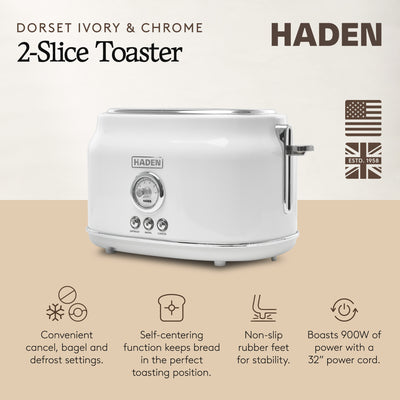 Haden Dorset 2 Slice Extra Wide Slot Stainless Steel Toaster with Tray, Ivory - VMInnovations