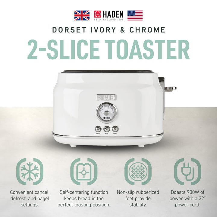 Haden Dorset 2 Slice Extra Wide Slot Stainless Steel Toaster with Tray, Ivory