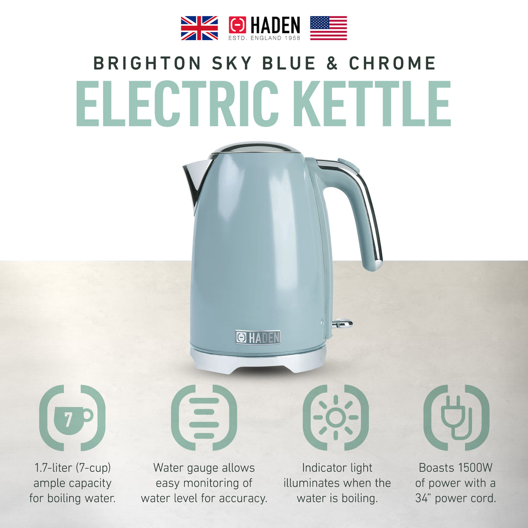 Haden Brighton Electric Kettle, Cordless 1.7L Hot Water Boiler, Sky Blue (Used)