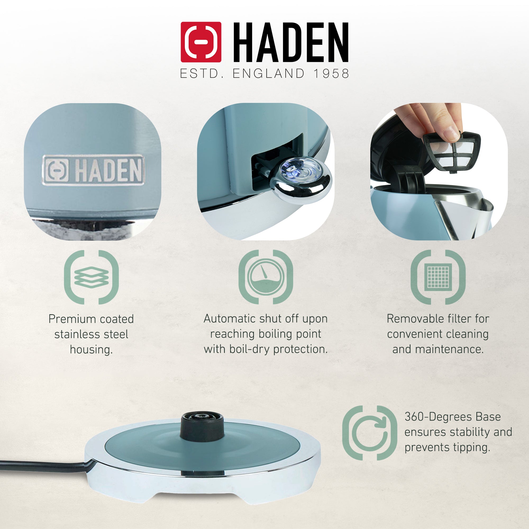 Haden Electric Kettle, Cordless 1.7L Hot Water Retro Boiler, Sky Blue (Open Box) - VMInnovations